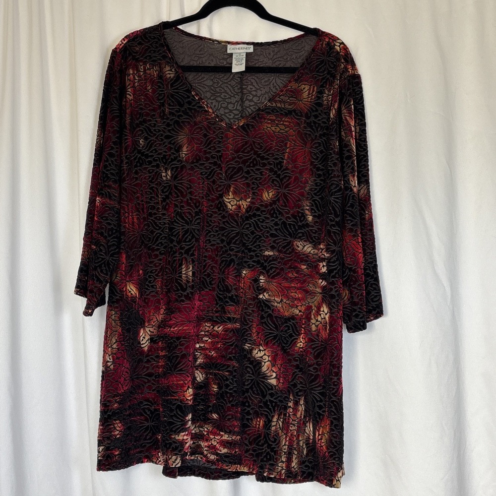 Catherines Burnout Velvet Tunic‎ Top Red Burgundy Floral V-Neck 1X 18/20W